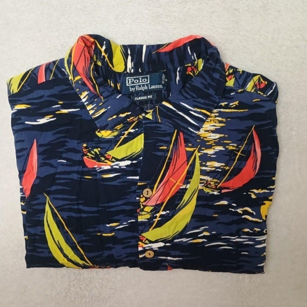Polo Ralph Lauren Shirt Mens 2XL Blue Sailboat Hawaiian Camp Aloha Viscose